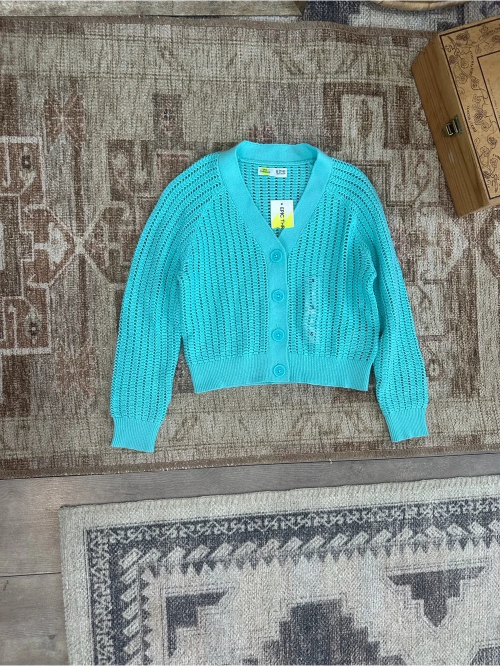 New Epic Threads Girls Cardigan Macys Exclusive V Neck Turquoise Button Sm 7/8